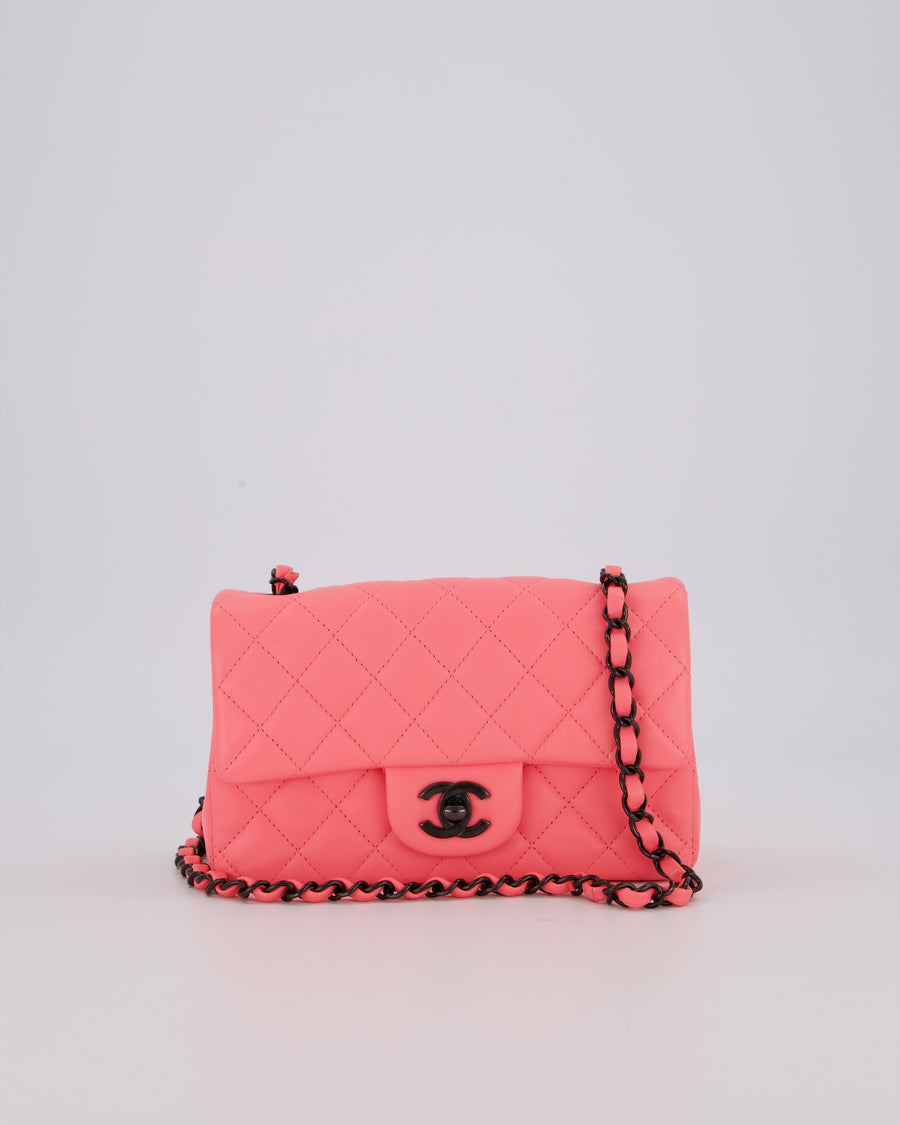 *HOT* Chanel Neon Pink Small Classic Single Flap Bag in Lambskin Leather with Black Hardware