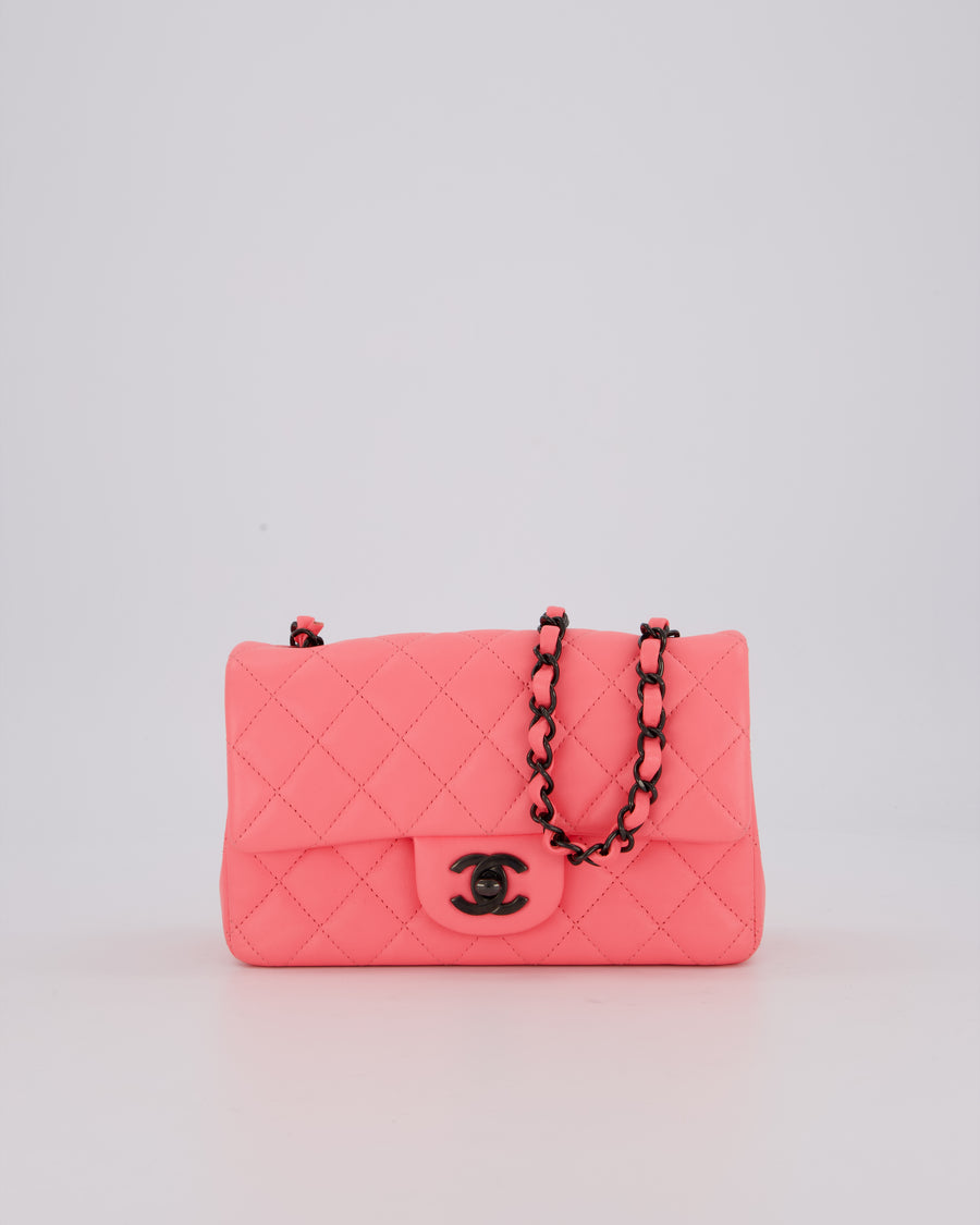 *HOT* Chanel Neon Pink Small Classic Single Flap Bag in Lambskin Leather with Black Hardware