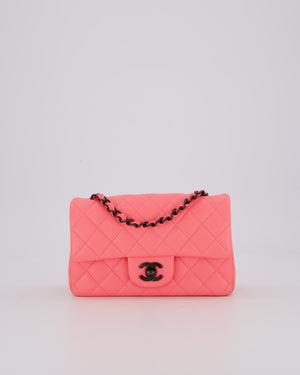 *HOT* Chanel Neon Pink Small Classic Single Flap Bag in Lambskin Leather with Black Hardware