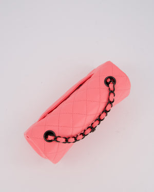 *HOT* Chanel Neon Pink Small Classic Single Flap Bag in Lambskin Leather with Black Hardware