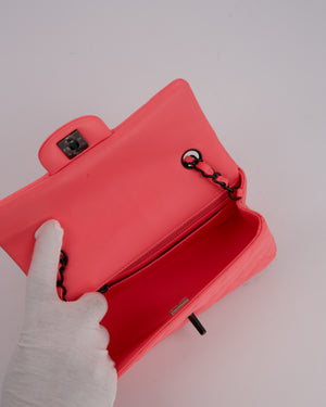 *HOT* Chanel Neon Pink Small Classic Single Flap Bag in Lambskin Leather with Black Hardware