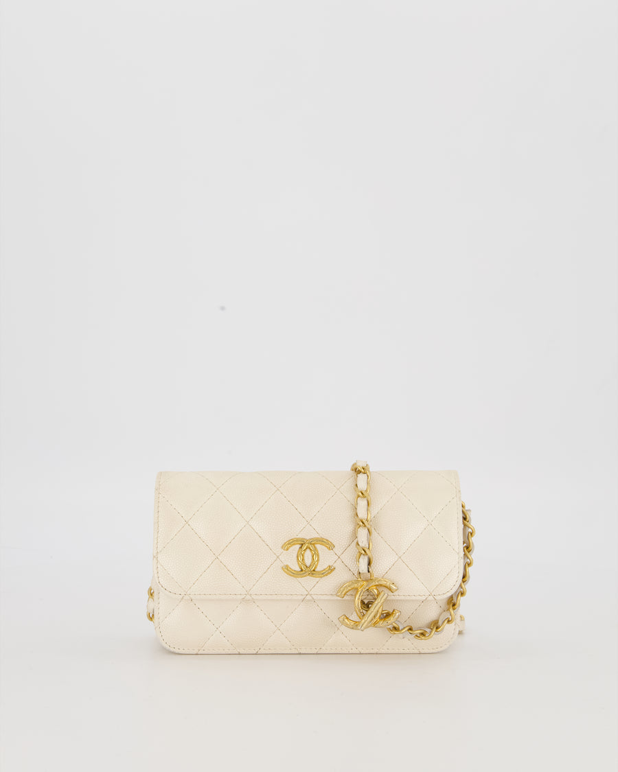 Chanel Wallet on Chain Bag in Iridescent White Quilted Caviar Leather with Gold Brushed Hardware
