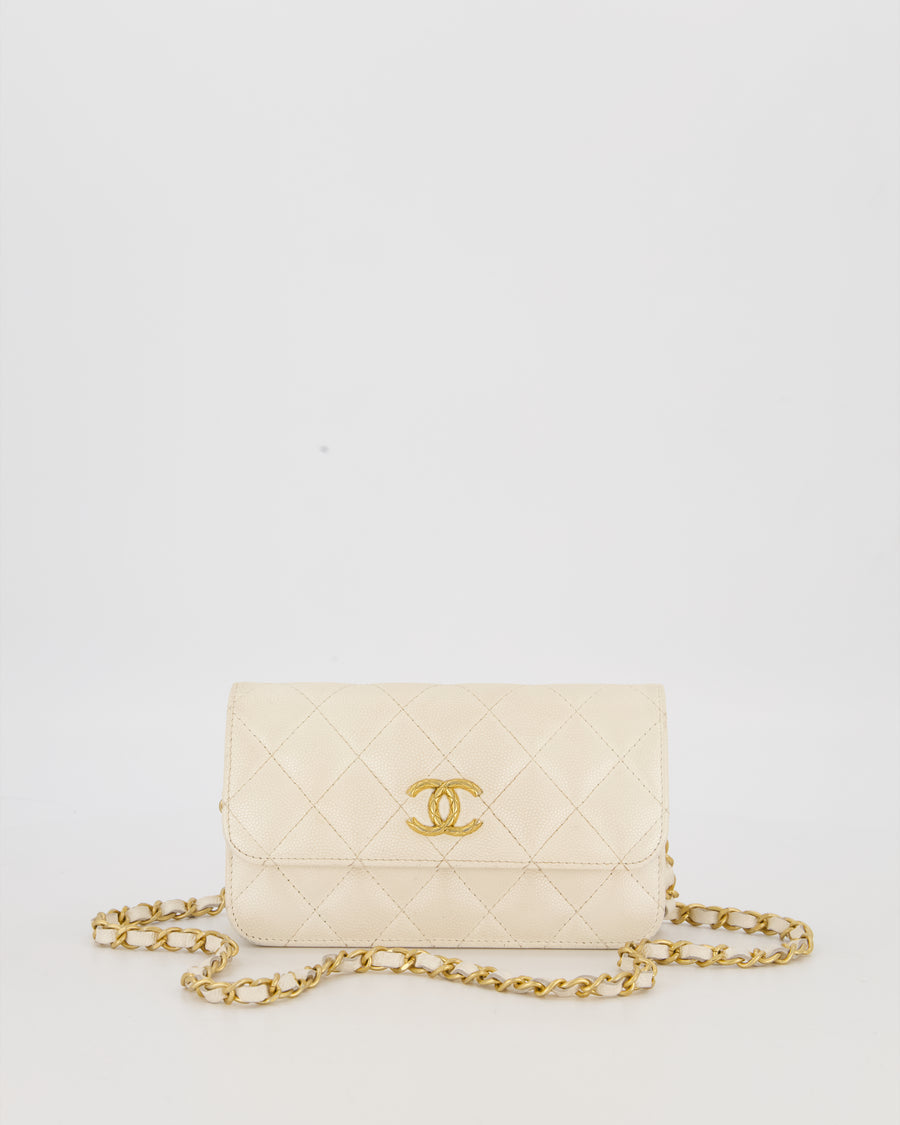 Chanel Wallet on Chain Bag in Iridescent White Quilted Caviar Leather with Gold Brushed Hardware