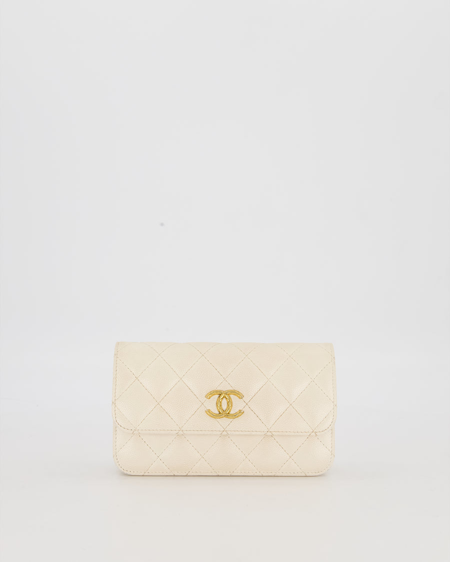 Chanel Wallet on Chain Bag in Iridescent White Quilted Caviar Leather with Gold Brushed Hardware
