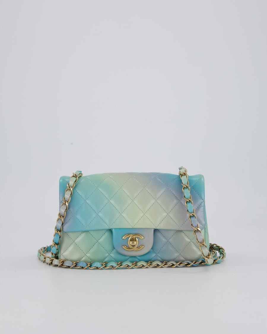 *RARE* Chanel Yellow, Blue, and Pink Iridescent Ombre Small Classic Single Flap Bag in Lambskin Leather with Champagne Gold Hardware