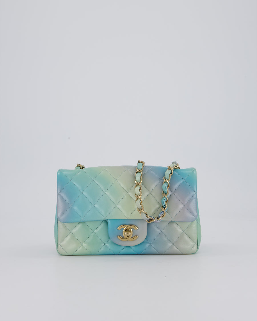 *RARE* Chanel Yellow, Blue, and Pink Iridescent Ombre Small Classic Single Flap Bag in Lambskin Leather with Champagne Gold Hardware