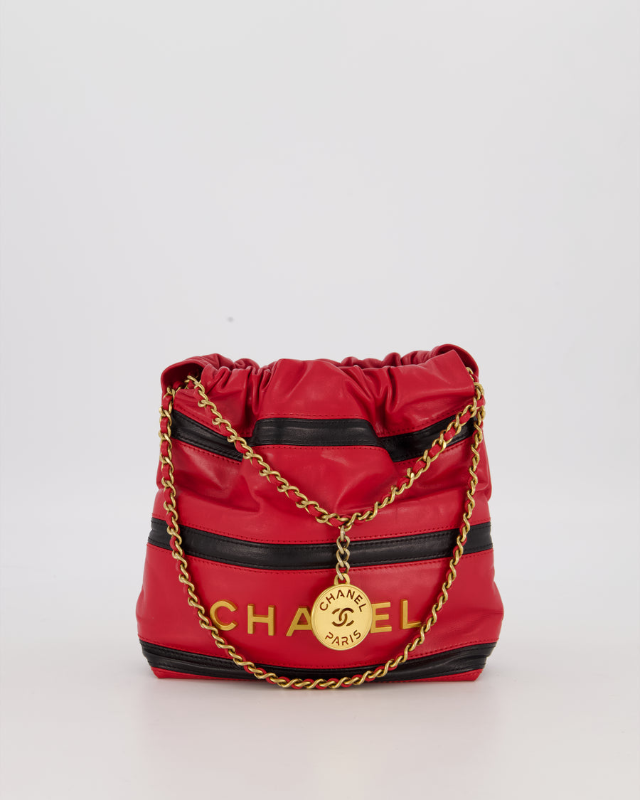 Chanel Red and Black Mini 22 Bag in Lambskin Leather with Gold Hardware