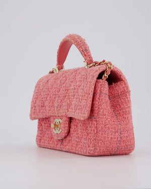 Chanel Pink Tweed Mini Rectangular Top Handle Flap Bag with Champagne Hardware