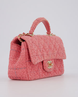 Chanel Pink Tweed Mini Rectangular Top Handle Flap Bag with Champagne Hardware