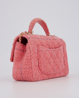Chanel Pink Tweed Mini Rectangular Top Handle Flap Bag with Champagne Hardware