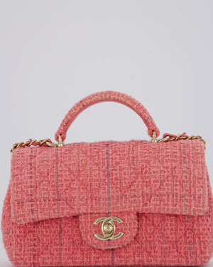 Chanel Pink Tweed Mini Rectangular Top Handle Flap Bag with Champagne Hardware