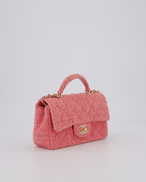 Chanel Pink Tweed Mini Rectangular Top Handle Flap Bag with Champagne Hardware