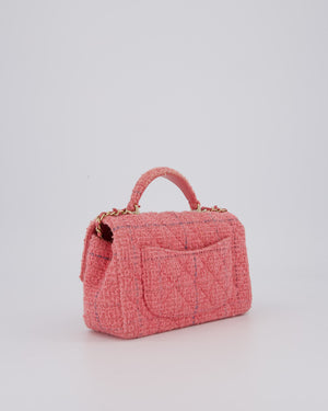 Chanel Pink Tweed Mini Rectangular Top Handle Flap Bag with Champagne Hardware
