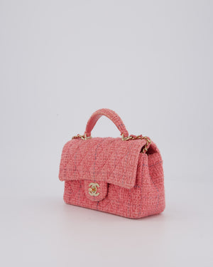 Chanel Pink Tweed Mini Rectangular Top Handle Flap Bag with Champagne Hardware