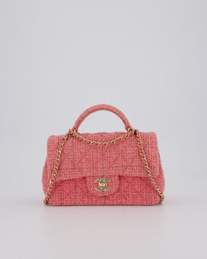 Chanel Pink Tweed Mini Rectangular Top Handle Flap Bag with Champagne Hardware