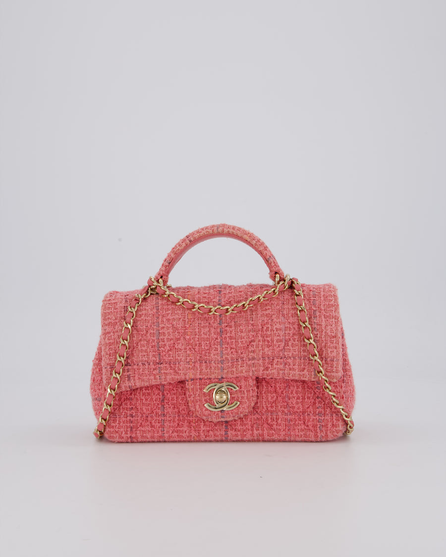 Chanel Pink Tweed Mini Rectangular Top Handle Flap Bag with Champagne Hardware