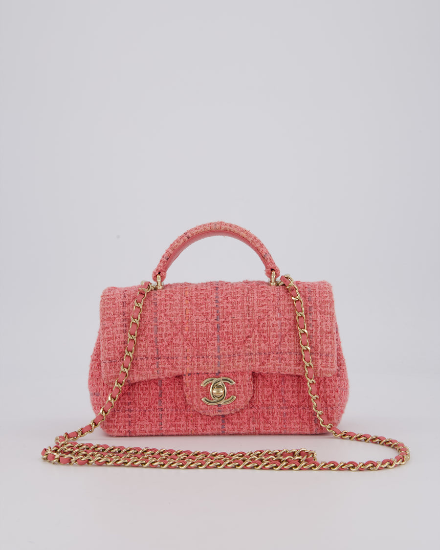 Chanel Pink Tweed Mini Rectangular Top Handle Flap Bag with Champagne Hardware