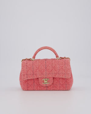 Chanel Pink Tweed Mini Rectangular Top Handle Flap Bag with Champagne Hardware