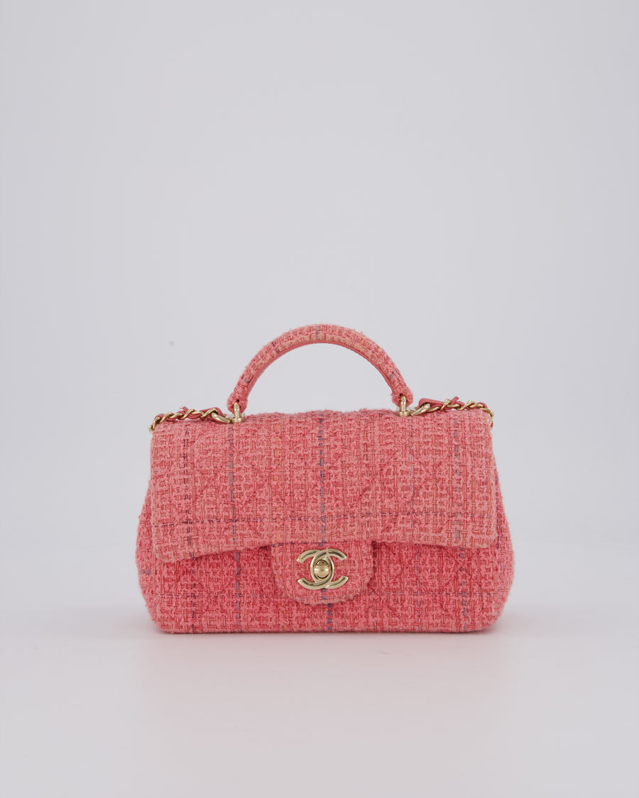 Chanel Pink Tweed Mini Rectangular Top Handle Flap Bag with Champagne Hardware
