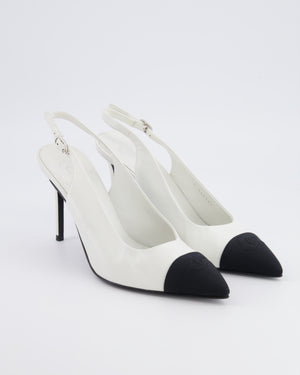 Chanel White Goatskin Pointed-Toe Slingback Pumps with Black Grosgrain Cap-Toe and CC Logo Detail Size EU 40C