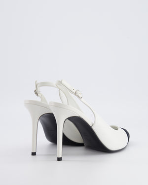 Chanel White Goatskin Pointed-Toe Slingback Pumps with Black Grosgrain Cap-Toe and CC Logo Detail Size EU 40C