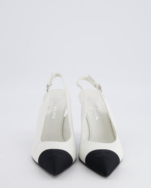 Chanel White Goatskin Pointed-Toe Slingback Pumps with Black Grosgrain Cap-Toe and CC Logo Detail Size EU 40C