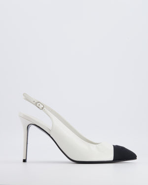 Chanel White Goatskin Pointed-Toe Slingback Pumps with Black Grosgrain Cap-Toe and CC Logo Detail Size EU 40C
