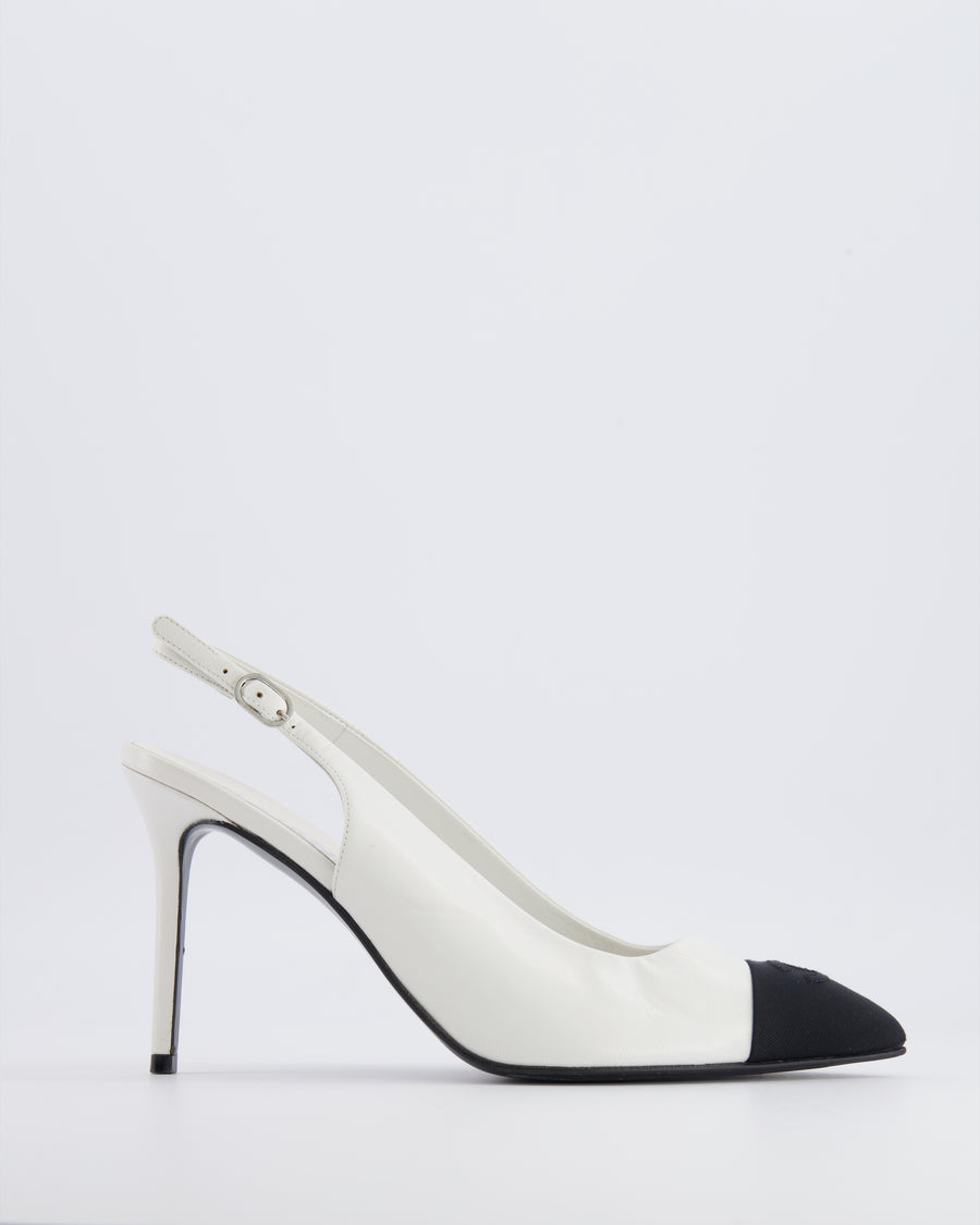 Chanel White Goatskin Pointed-Toe Slingback Pumps with Black Grosgrain Cap-Toe and CC Logo Detail Size EU 40C