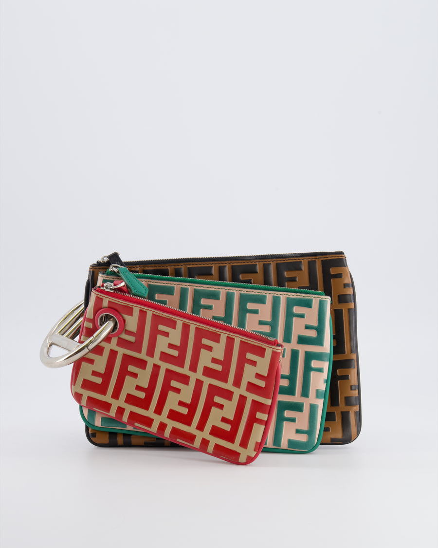 Fendi Spring/Summer 2018 Red, Green and Black Leather Triplette Logo Pochette Bag with Silver Logo Handle Detail