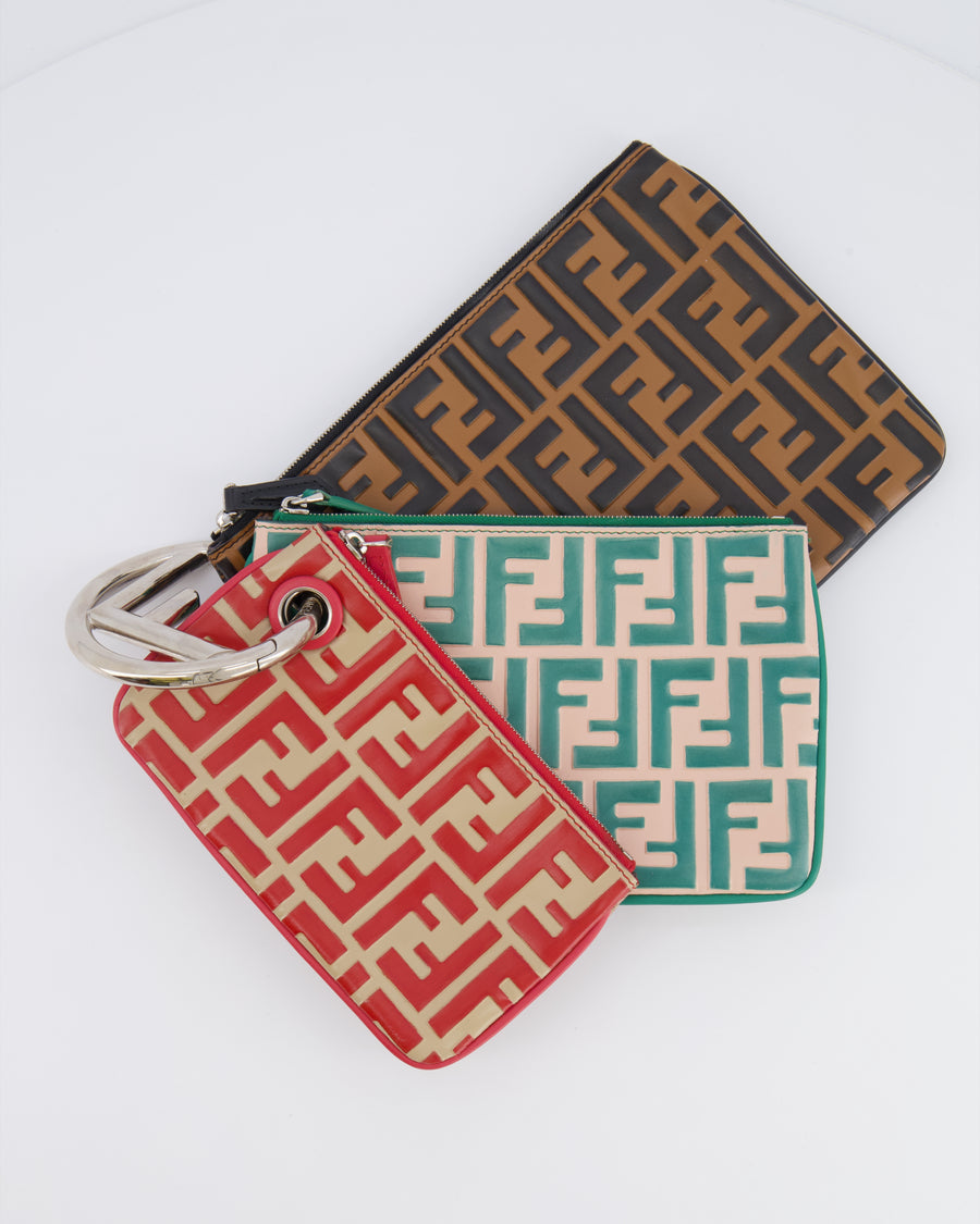 Fendi Spring/Summer 2018 Red, Green and Black Leather Triplette Logo Pochette Bag with Silver Logo Handle Detail
