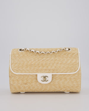 Chanel Medium Single Flap Bag in Beige Raffia and White Lambskin Leather with Champagne Gold Hardware