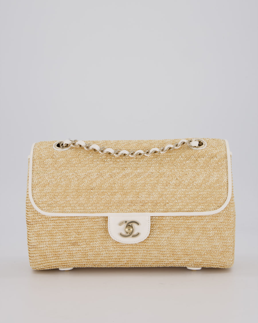 Chanel Medium Single Flap Bag in Beige Raffia and White Lambskin Leather with Champagne Gold Hardware