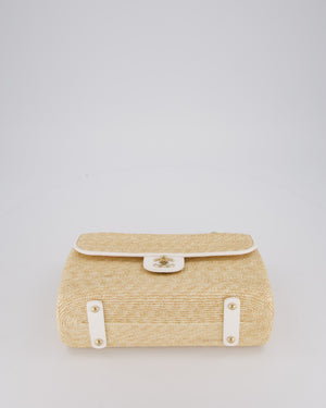 Chanel Medium Single Flap Bag in Beige Raffia and White Lambskin Leather with Champagne Gold Hardware