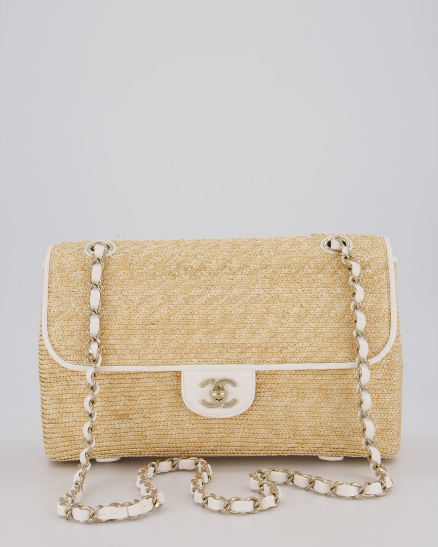 Chanel Medium Single Flap Bag in Beige Raffia and White Lambskin Leather with Champagne Gold Hardware