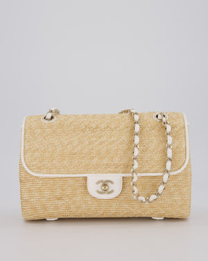 Chanel Medium Single Flap Bag in Beige Raffia and White Lambskin Leather with Champagne Gold Hardware