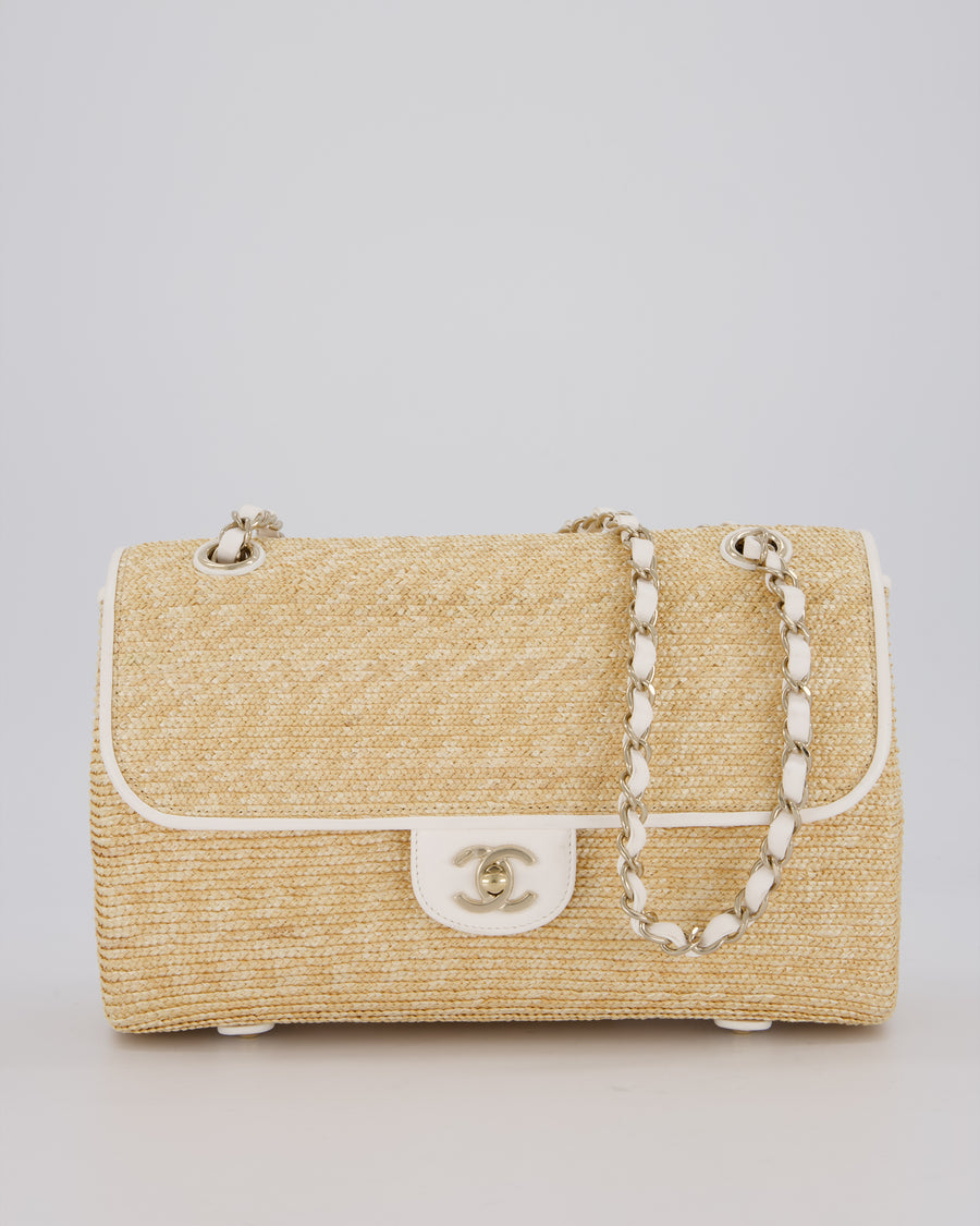 Chanel Medium Single Flap Bag in Beige Raffia and White Lambskin Leather with Champagne Gold Hardware
