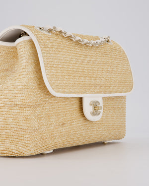 Chanel Medium Single Flap Bag in Beige Raffia and White Lambskin Leather with Champagne Gold Hardware