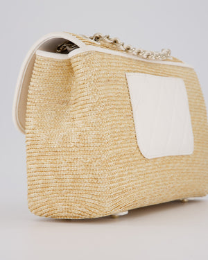 Chanel Medium Single Flap Bag in Beige Raffia and White Lambskin Leather with Champagne Gold Hardware