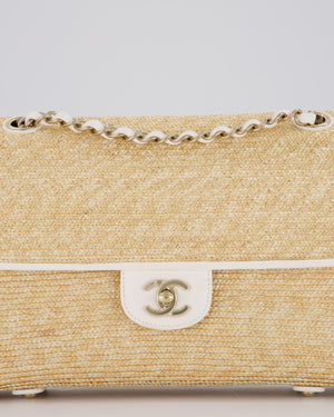 Chanel Medium Single Flap Bag in Beige Raffia and White Lambskin Leather with Champagne Gold Hardware