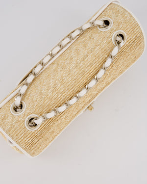 Chanel Medium Single Flap Bag in Beige Raffia and White Lambskin Leather with Champagne Gold Hardware