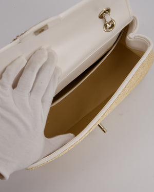 Chanel Medium Single Flap Bag in Beige Raffia and White Lambskin Leather with Champagne Gold Hardware