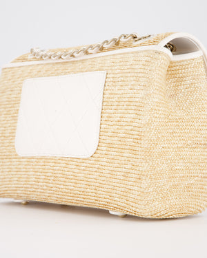 Chanel Medium Single Flap Bag in Beige Raffia and White Lambskin Leather with Champagne Gold Hardware