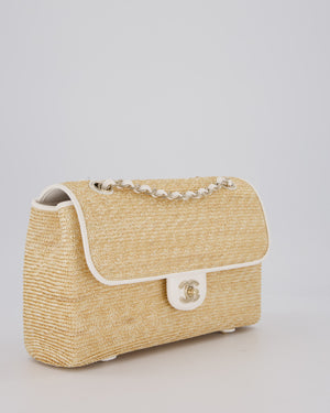 Chanel Medium Single Flap Bag in Beige Raffia and White Lambskin Leather with Champagne Gold Hardware
