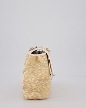 Chanel Medium Single Flap Bag in Beige Raffia and White Lambskin Leather with Champagne Gold Hardware