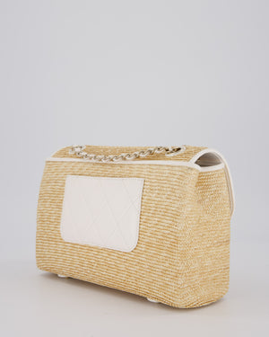 Chanel Medium Single Flap Bag in Beige Raffia and White Lambskin Leather with Champagne Gold Hardware