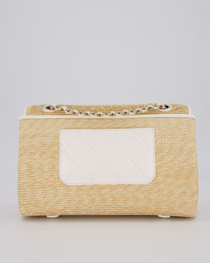 Chanel Medium Single Flap Bag in Beige Raffia and White Lambskin Leather with Champagne Gold Hardware