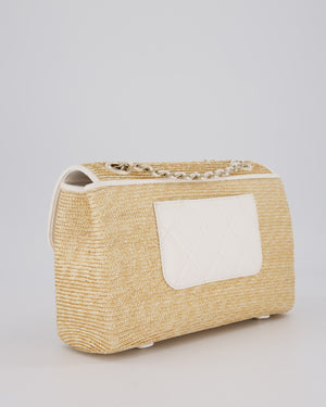 Chanel Medium Single Flap Bag in Beige Raffia and White Lambskin Leather with Champagne Gold Hardware