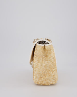 Chanel Medium Single Flap Bag in Beige Raffia and White Lambskin Leather with Champagne Gold Hardware