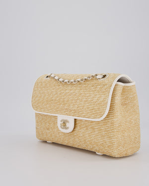 Chanel Medium Single Flap Bag in Beige Raffia and White Lambskin Leather with Champagne Gold Hardware