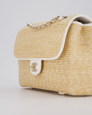 Chanel Medium Single Flap Bag in Beige Raffia and White Lambskin Leather with Champagne Gold Hardware